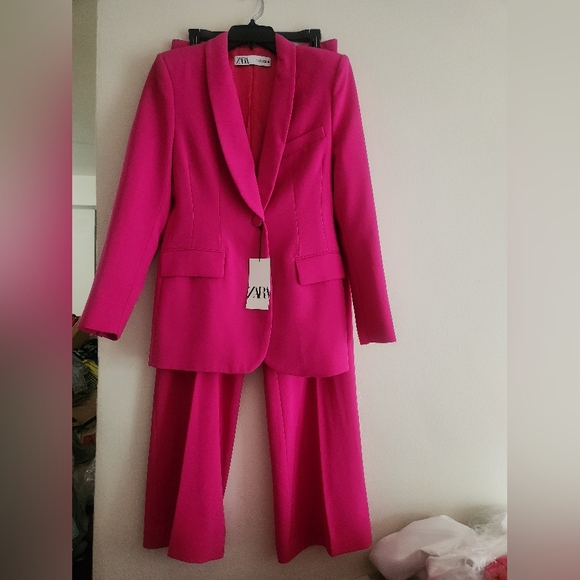 Zara Co-ord Set tuxedo collar blazer + Pants Zw Collection neon fuschia sz M NWT - Picture 3 of 16
